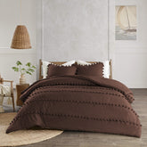 3 Pcs Luxury Duvet Set With Pom Pom Lace - Brown